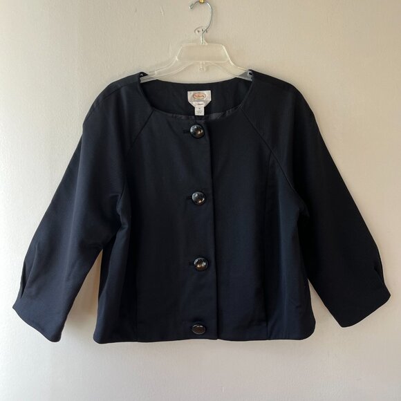 Talbots Sz 14 Black Crop Short Stretch Blazer Jacket 3 Button Swing Coat Lined - Picture 1 of 8